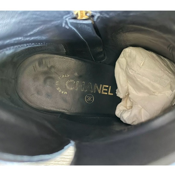 CHANEL Black Lambskin Leather Gold Chain Around Wedge Ankle Boots Booties 41 11 - Picture 9 of 13